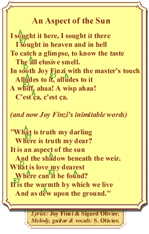 An Aspect of the Sun is the song in which Case, the Wise Hermit, uses Joy Finzi's poem to describe the indescribable - Truth.